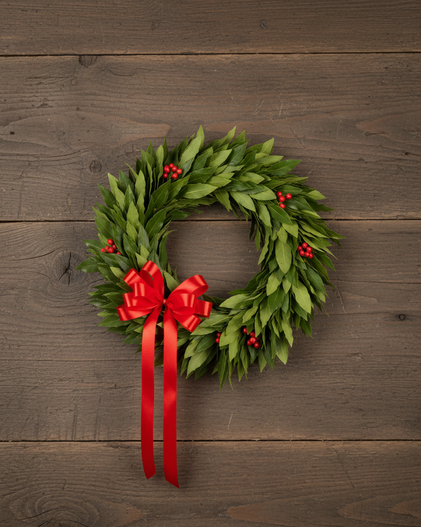 Corona di Alloro - con Bacca Rossa e Fiocco Rosso