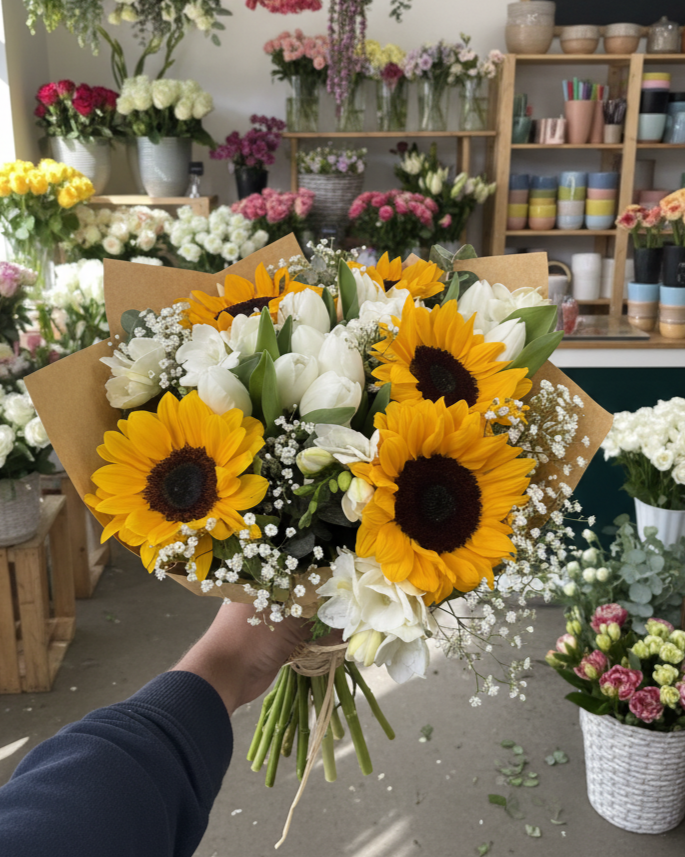 Bouquet di girasoli con tulipani bianchi e gipsofila